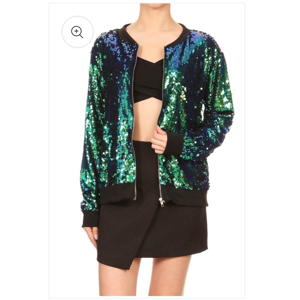 Sequin Bomber Zip-Up Jacket mermaid color